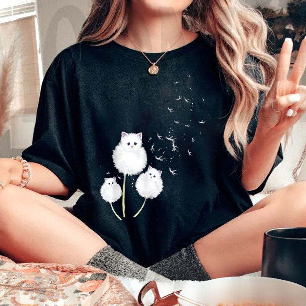 Cat Dandelion Flower Shirt Cute White Cat Shirt Funny Cat Shirt